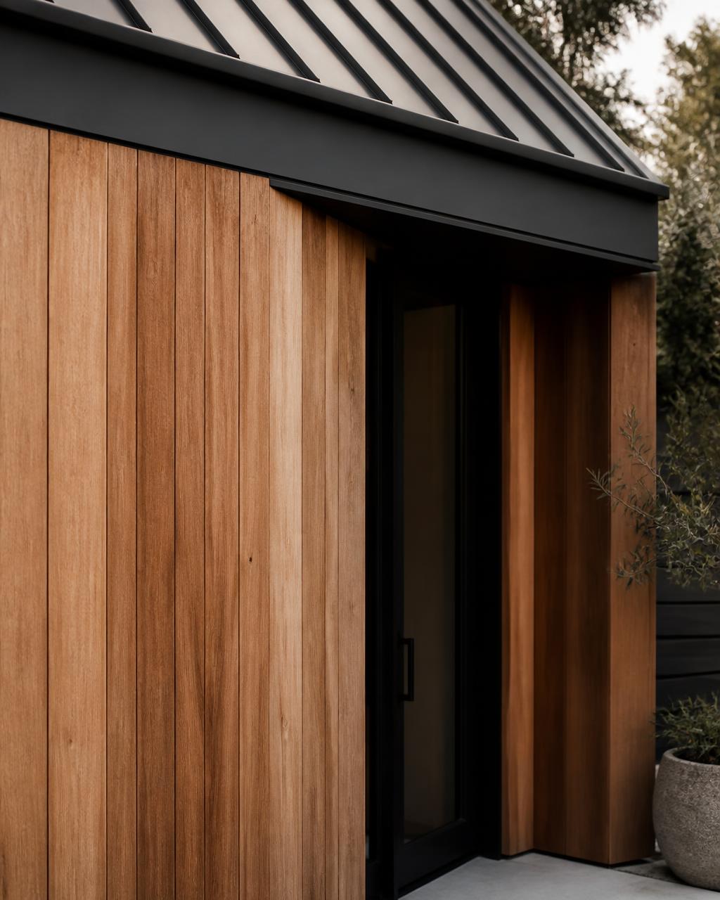 Close detail of an ADU exterior corner showing vertical cedar cladding meeting a dark metal roof edge with a deep shadow reveal and a recessed entry door