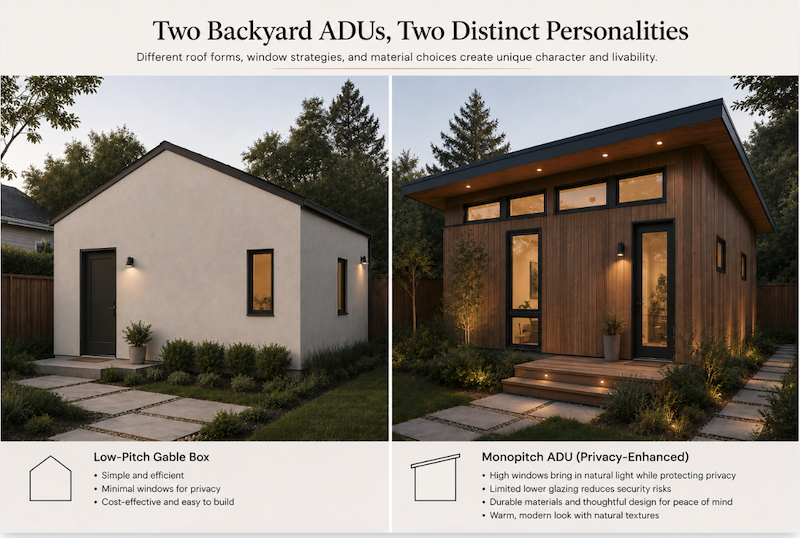 Side by side comparison of two backyard ADUs: a low-pitch gable box with small punched windows and thin siding, next to a monopitch unit with aligned full-height glazing, deep eave and vertical wood cladding